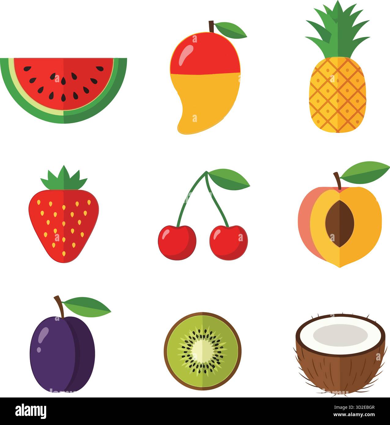 Set icona Flat Design Summer Fruits: Collezione Tropical and Healthy Food Illustrazione Vettoriale