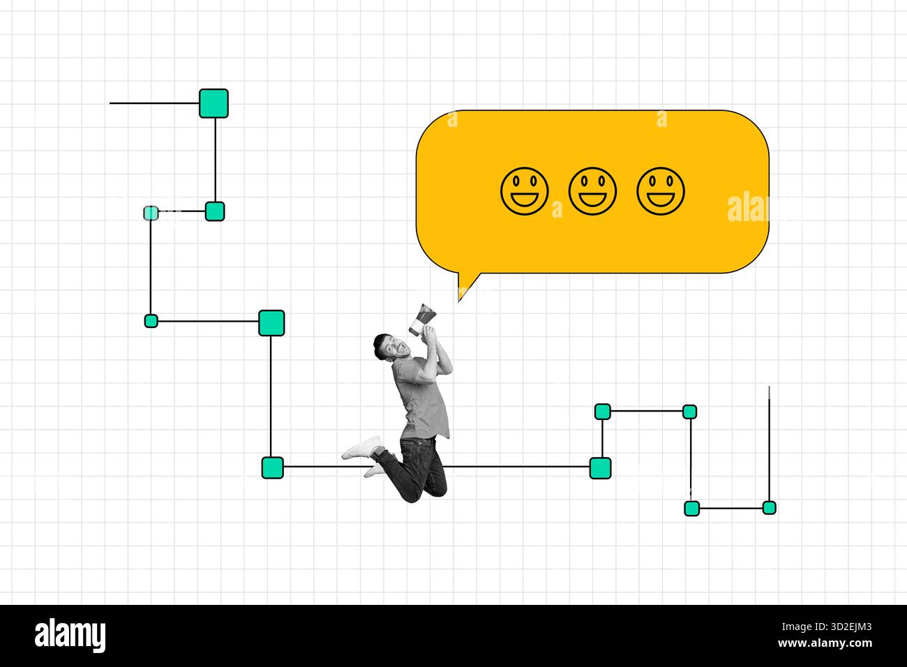 Immagine di design pop collage fotografico contemporaneo di Happy Guy urla megafono bolla notifica vocale icona di conversazione emoji Foto Stock