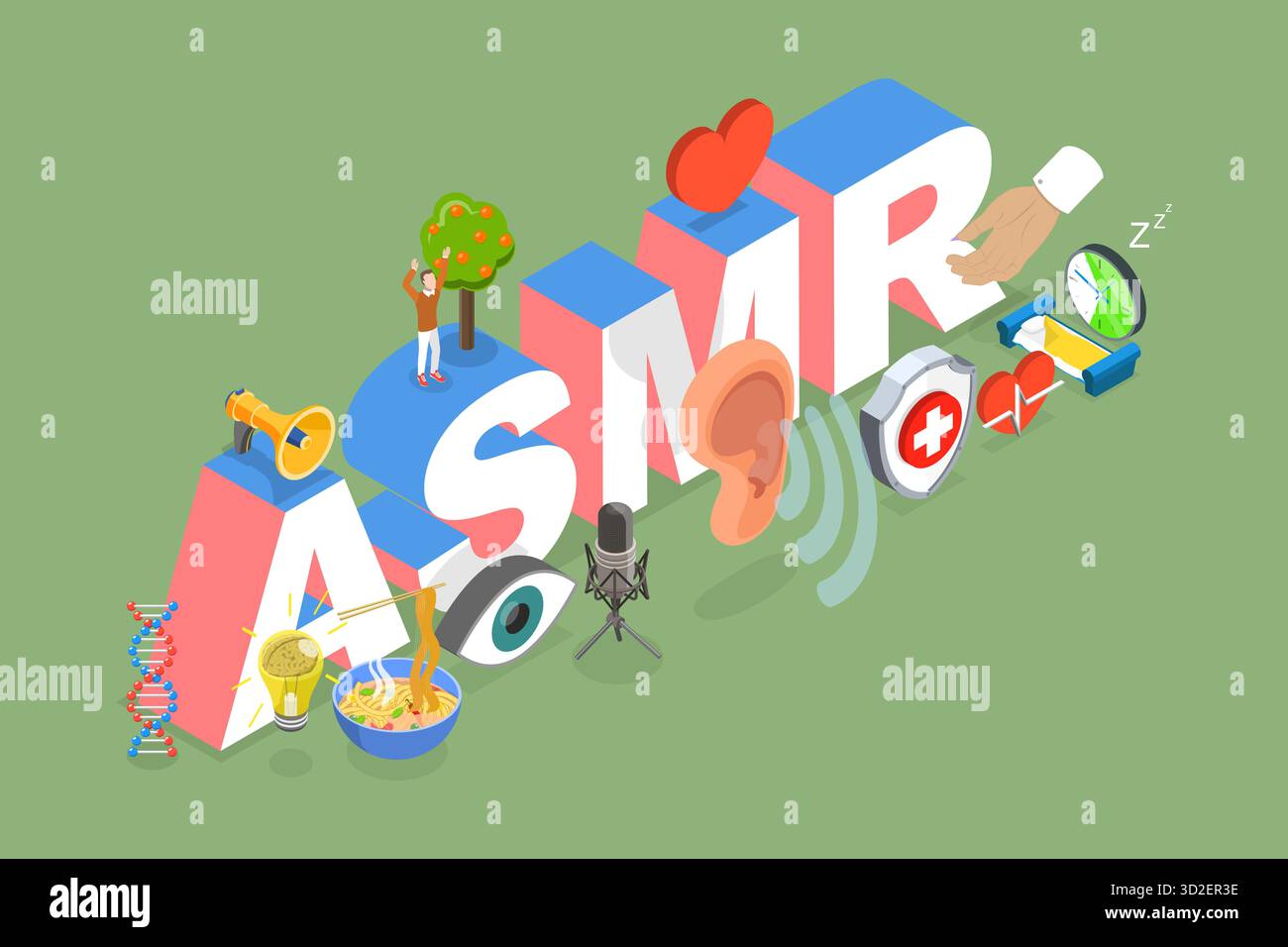 Illustrazione piatta isometrica 3D dell'ASMR, risposta Meridian sensoriale autonoma Foto Stock