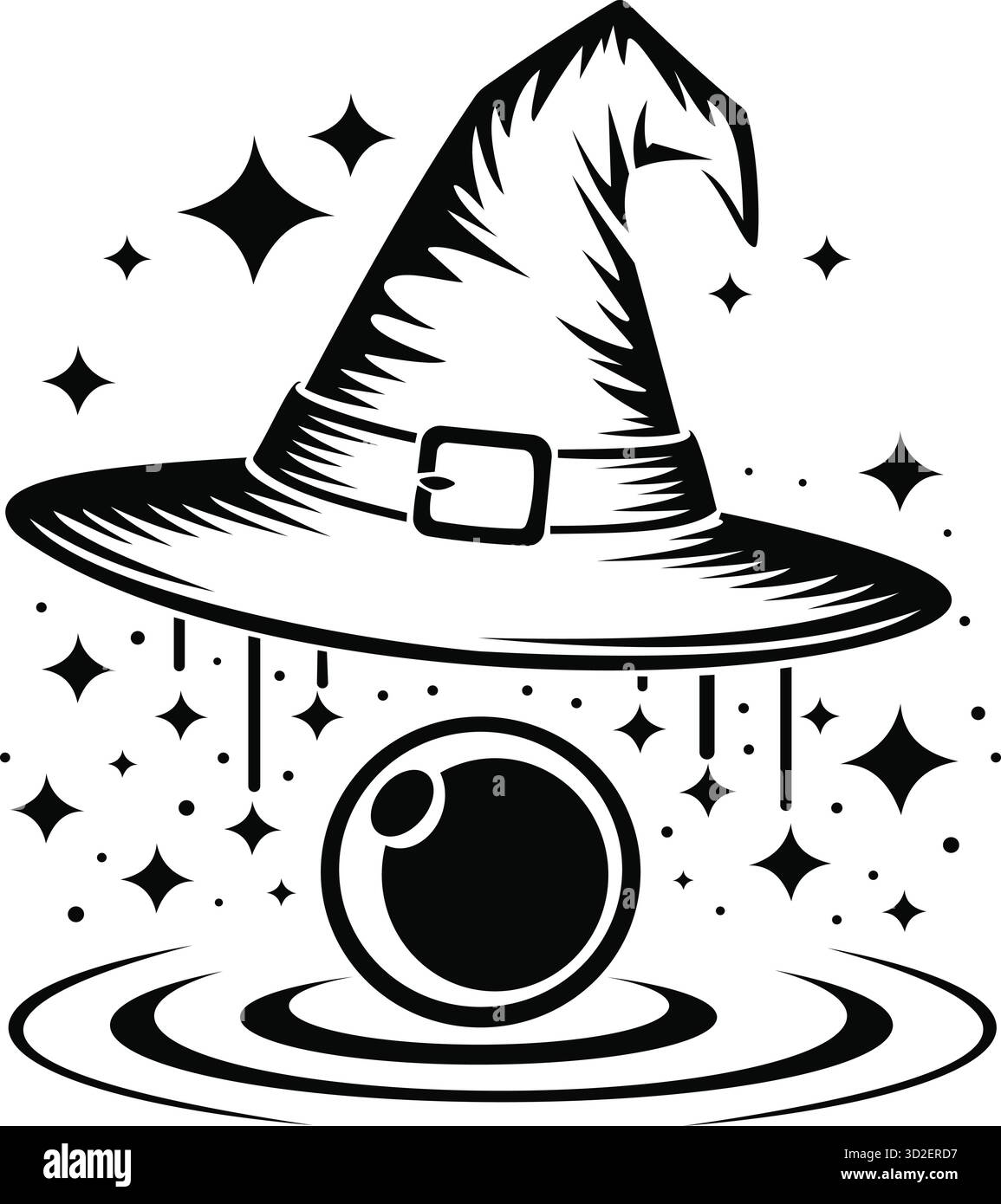 Questa straordinaria illustrazione in bianco e nero presenta un classico cappello da strega che si libra sopra una sfera mistica. Il design è adornato da stelle scintillanti A. Illustrazione Vettoriale