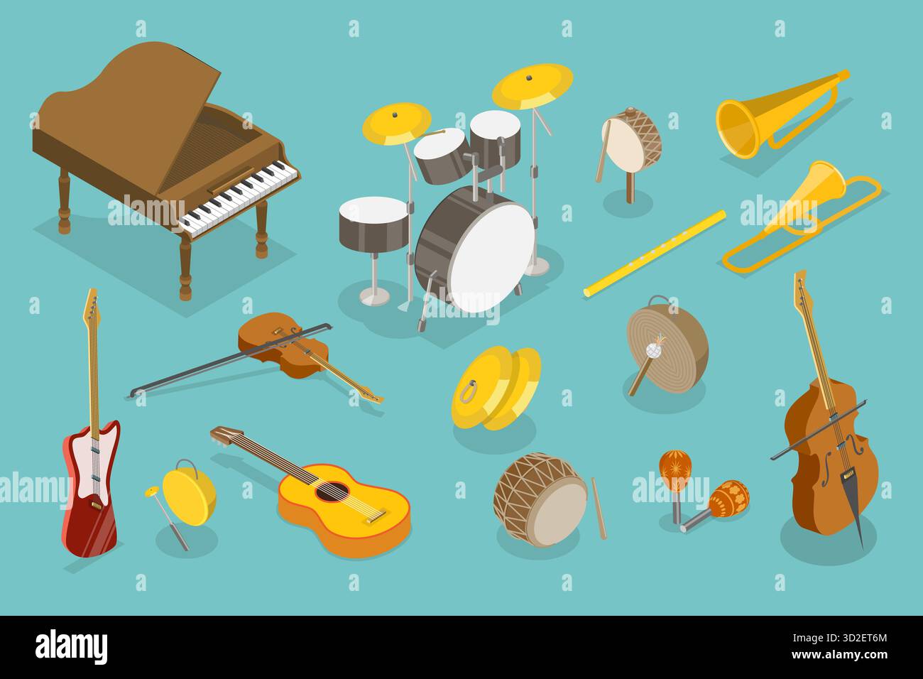Set piatto isometrico 3D di strumenti musicali, classici e moderni, per dilettanti e professionisti Foto Stock