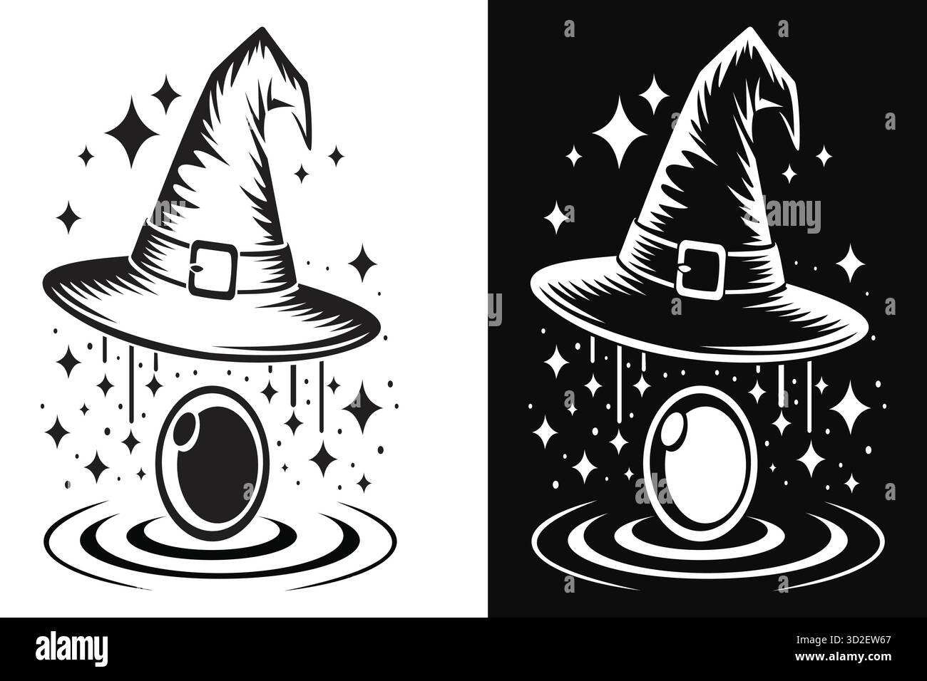 Questa straordinaria opera d'arte presenta due versioni contrastanti di un cappello da strega che si libra su una sfera magica. A sinistra, il design è appoggiato su un dorso bianco Illustrazione Vettoriale