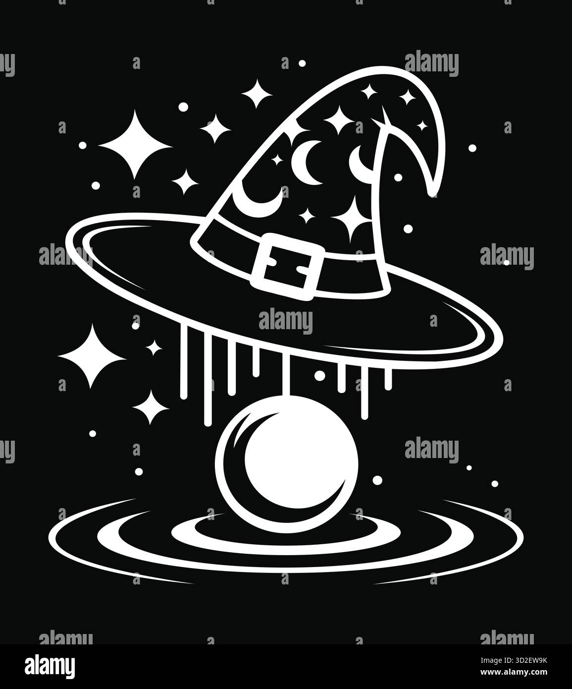 Un'illustrazione artistica con il cappello di una strega adornato da stelle e lune a mezzaluna, su sfondo nero. Sotto il cappello, un grande riflesso Illustrazione Vettoriale