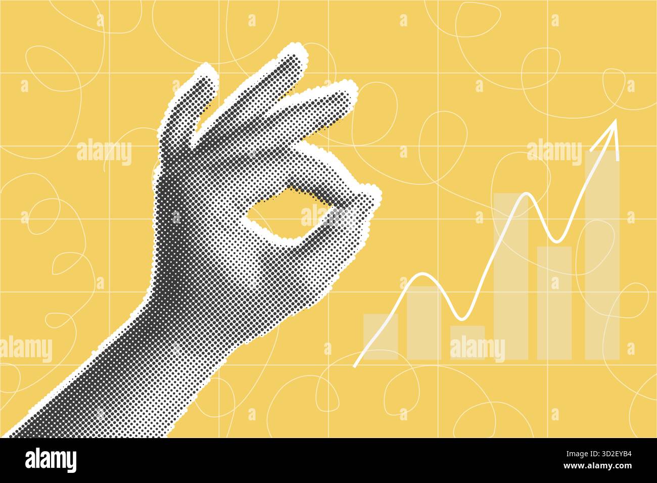 Analisi dei problemi relativi al segno ok dello sfondo giallo della mano di collage dei mezzitoni. Grafico delle statistiche del mercato azionario. Grafico dei dati aziendali finanziari. Trovare la soluzione o la risposta alla causa o all'incidente. Illustrazione vettoriale Illustrazione Vettoriale