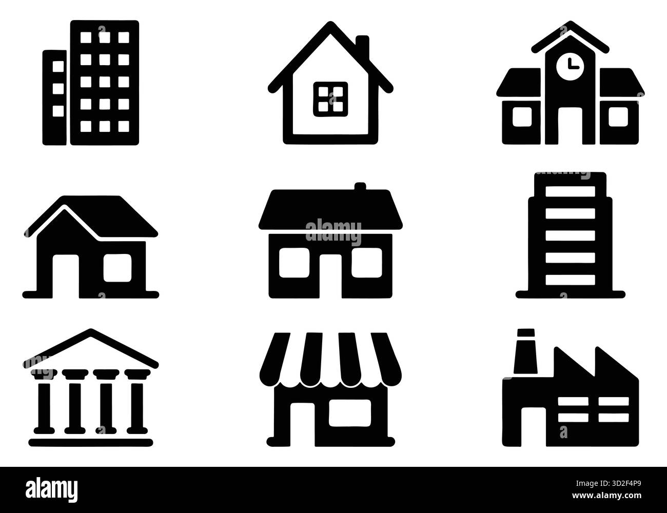 Set di icone Building, House, Shop, Bank, Real Estate Vector Illustrazione Vettoriale