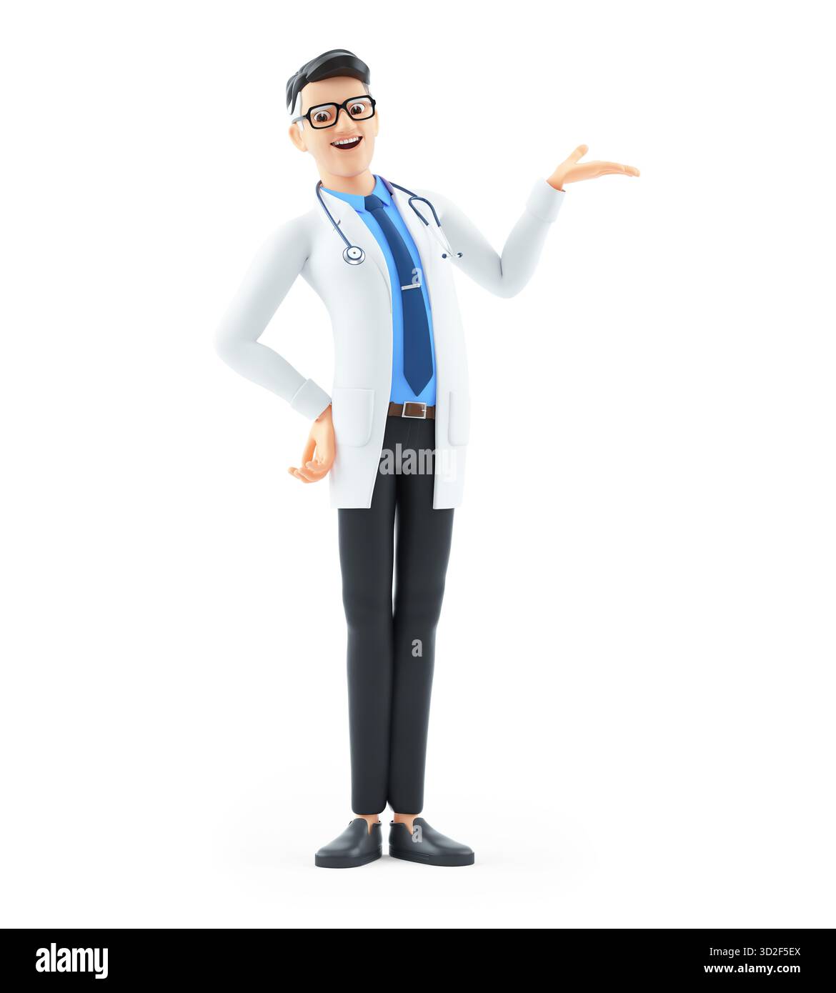 dottore dei cartoni animati 3d che mostra qualcosa con la mano, illustrazione isolata su sfondo bianco Foto Stock