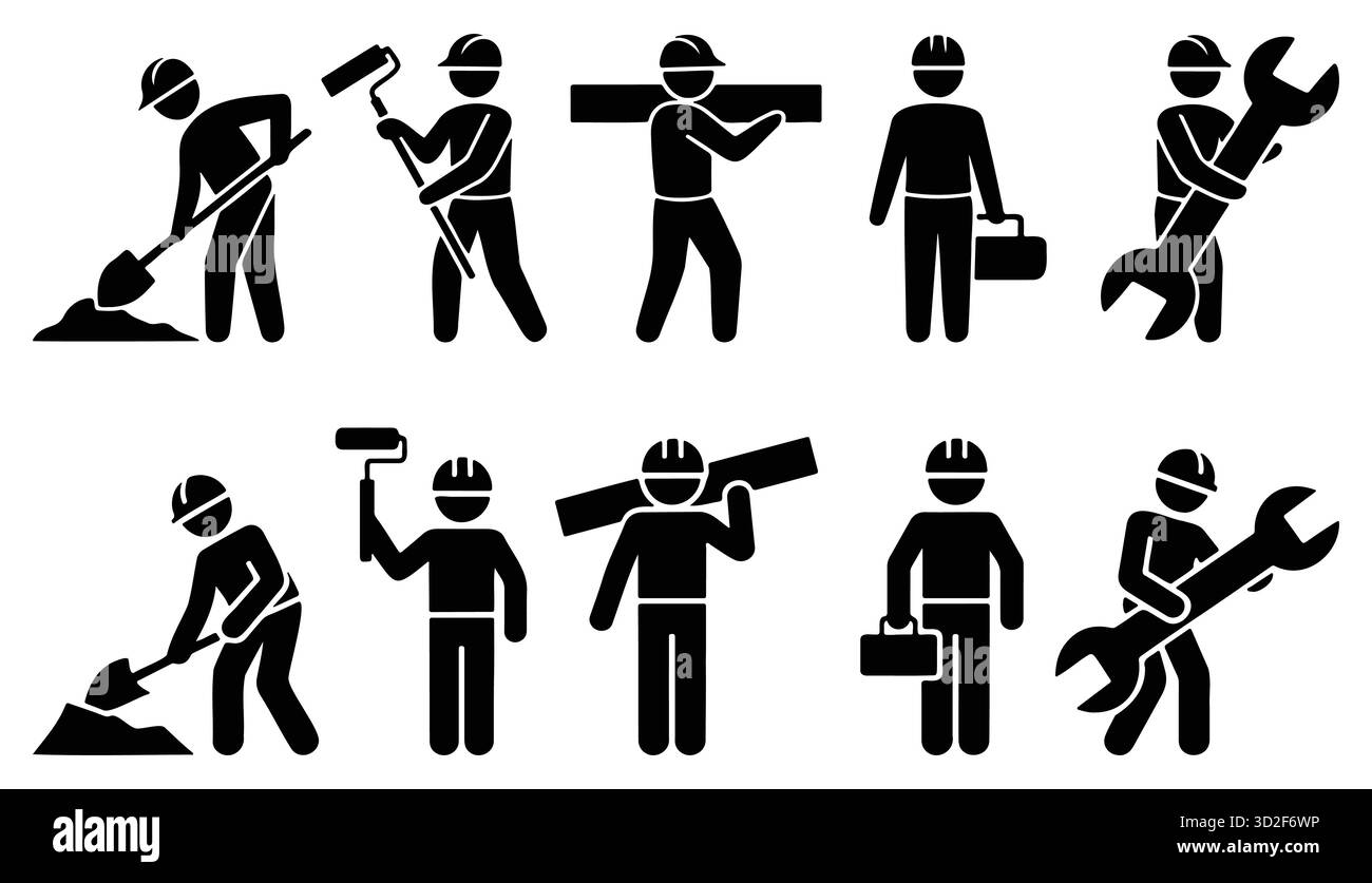 Set di icone lavoratore, Costruzioni, costruttore, ingegnere, vettore di lavoro Illustrazione Vettoriale