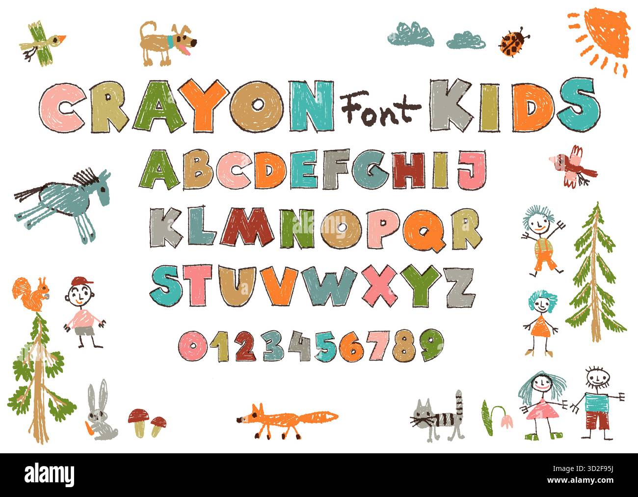 Font pastello per bambini. Alfabeto infantile a colori, disegni pastello, simpatico doodle abc, elementi divertenti disegnati a mano, disegni di lettere e numeri, scritti a mano Illustrazione Vettoriale