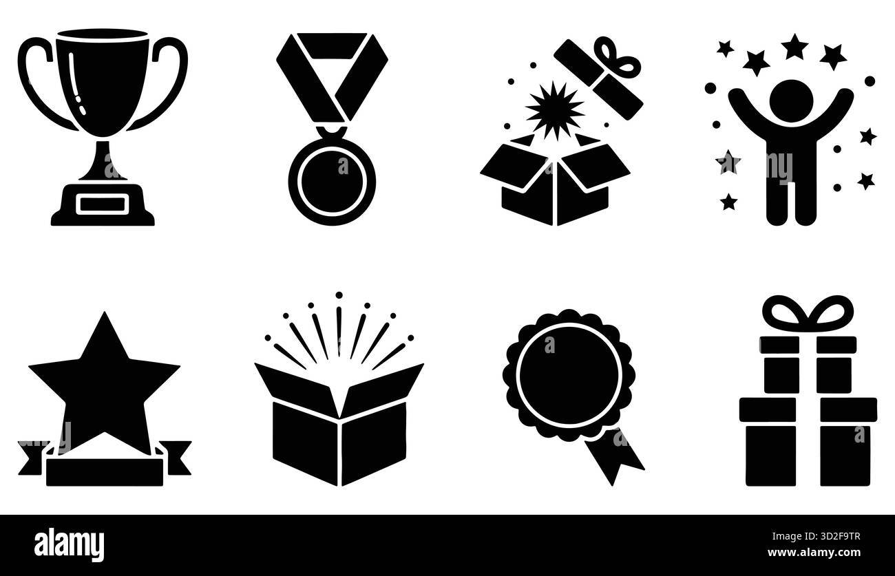 Trofeo, medaglia, premio, confezione regalo, set di icone vettoriale celebrazione Illustrazione Vettoriale
