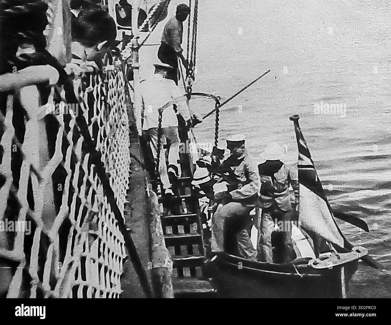 Gli ufficiali navali britannici salgono a bordo di una nave greca nel Mar Egeo per esaminare documenti e passeggeri durante la prima guerra mondiale. Mostrato a le Miroir, ottobre 1915, l'evento si è verificato vicino a Dedeagatch come parte delle pattuglie alleate che impediscono il contrabbando e monitorano le navi neutrali. Le rigorose procedure di imbarco rispecchiano l'importanza strategica del controllo delle rotte marittime del Mediterraneo orientale e l'impatto della guerra sul trasporto civile di rifugiati attraverso le acque contestate. Foto Stock