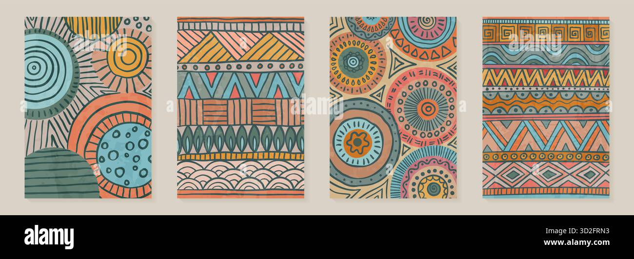 Decorazioni tribali africane poster. Modelli di disegno di sfondo astratti con elementi geometrici, pattern e forme di antiche tribù Illustrazione Vettoriale