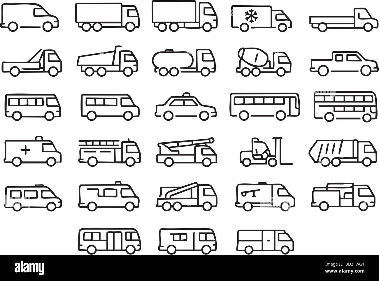 Set di icone per il trasporto di linee sottili. Icone del veicolo. Illustrazione Vettoriale