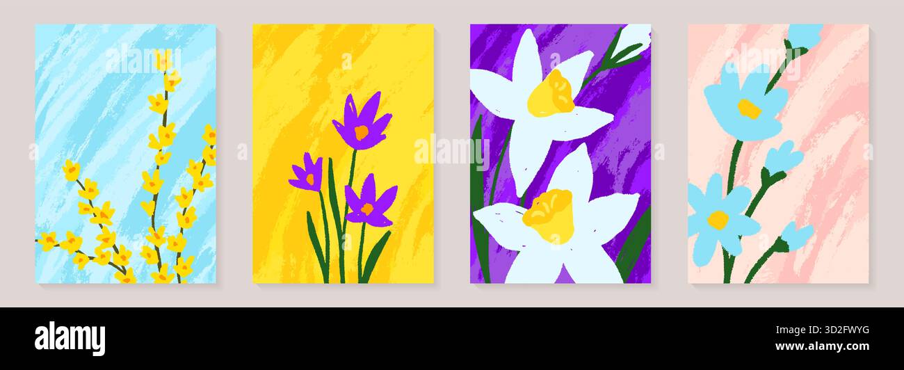 Scarabocchiare piante floreali striscione che dipinge fiori e foglie vettore di sfondo. Carta da parati dal design minimalista e creativo con fiori retrò e bouque disegnati a mano Illustrazione Vettoriale