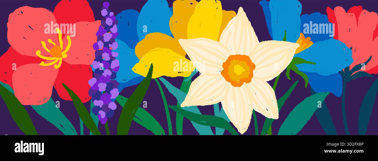 Scarabocchiare piante floreali striscione che dipinge fiori e foglie vettore di sfondo. Carta da parati dal design minimalista e creativo con fiori retrò e bouque disegnati a mano Illustrazione Vettoriale