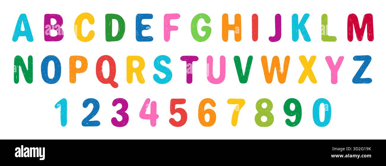 Crayon Kids font, doodle divertente e giocoso alfabeto. Numero di tipografia disegnato a mano da scribble Kid. Pastello di cera scolastica abc graziosa lettera di scrittura dell'asilo Illustrazione Vettoriale