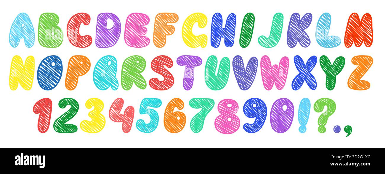 Crayon Kids font, doodle divertente e giocoso alfabeto. Numeri di tipografia disegnati a mano da scribble Kid. Pastello di cera scolastica abc lettere giocose Illustrazione Vettoriale