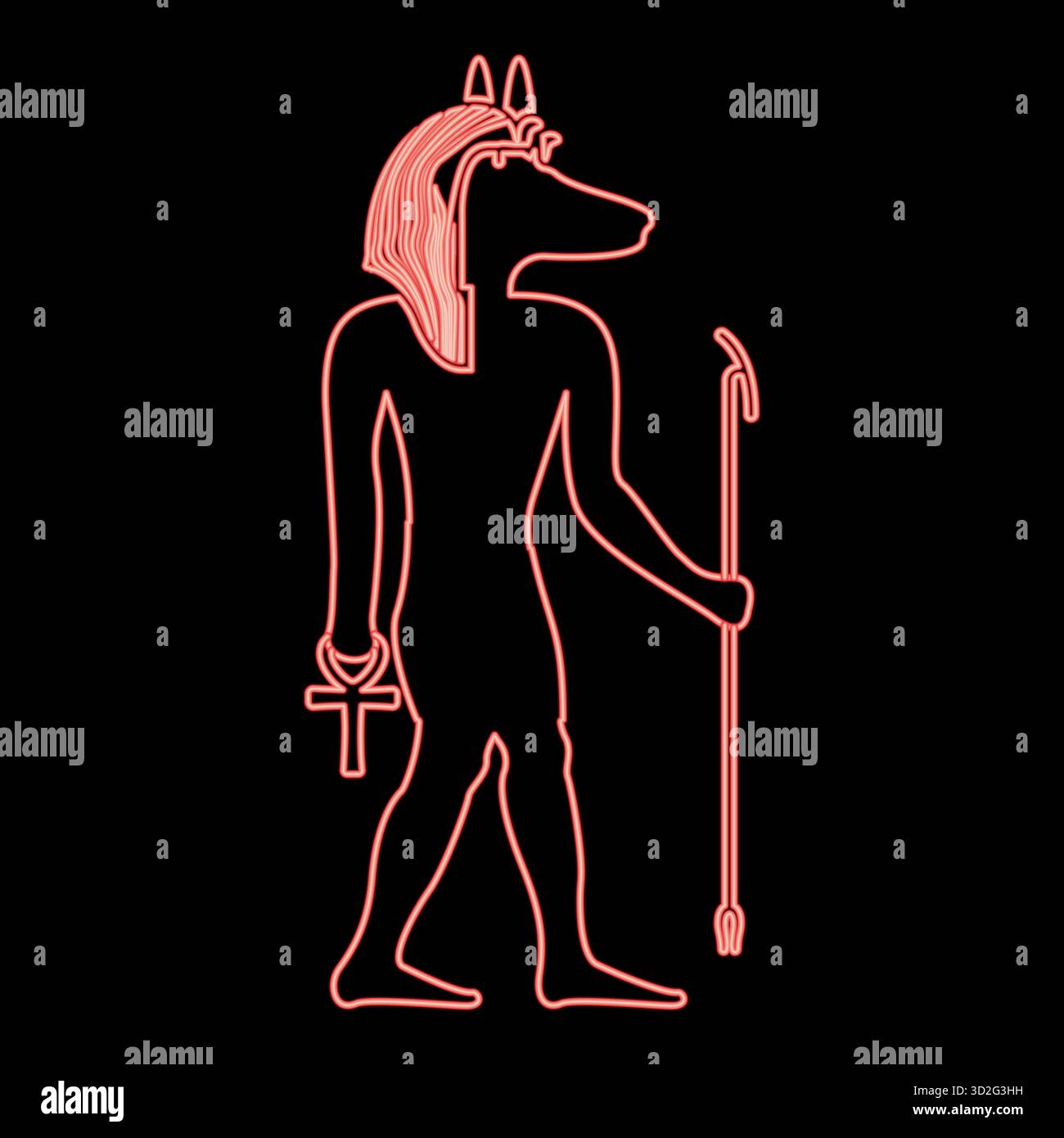 Divinità anubi al neon con testa di sciacallo antico dio egiziano tiene il bastone e la silhouette a croce di un'anca mitica immagine vettoriale rossa stile piatto Illustrazione Vettoriale