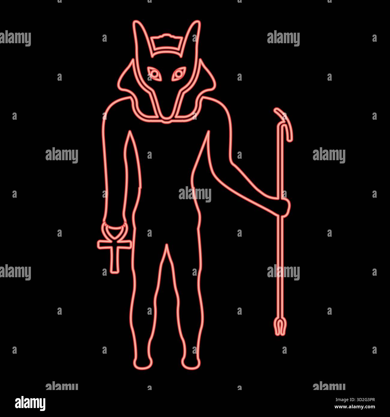 Divinità anubi al neon con testa di sciacallo antico dio egiziano tiene il bastone e la silhouette a croce di un'anca mitica immagine vettoriale rossa stile piatto Illustrazione Vettoriale