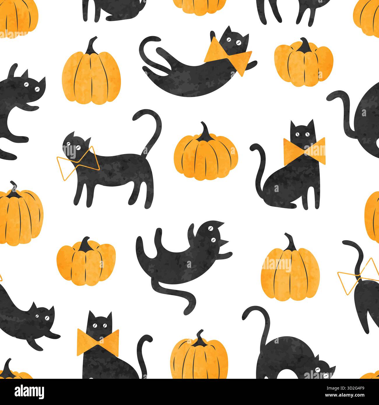 Stampa di Halloween. Motivo senza cuciture con gatto acquerello e zucche Illustrazione Vettoriale