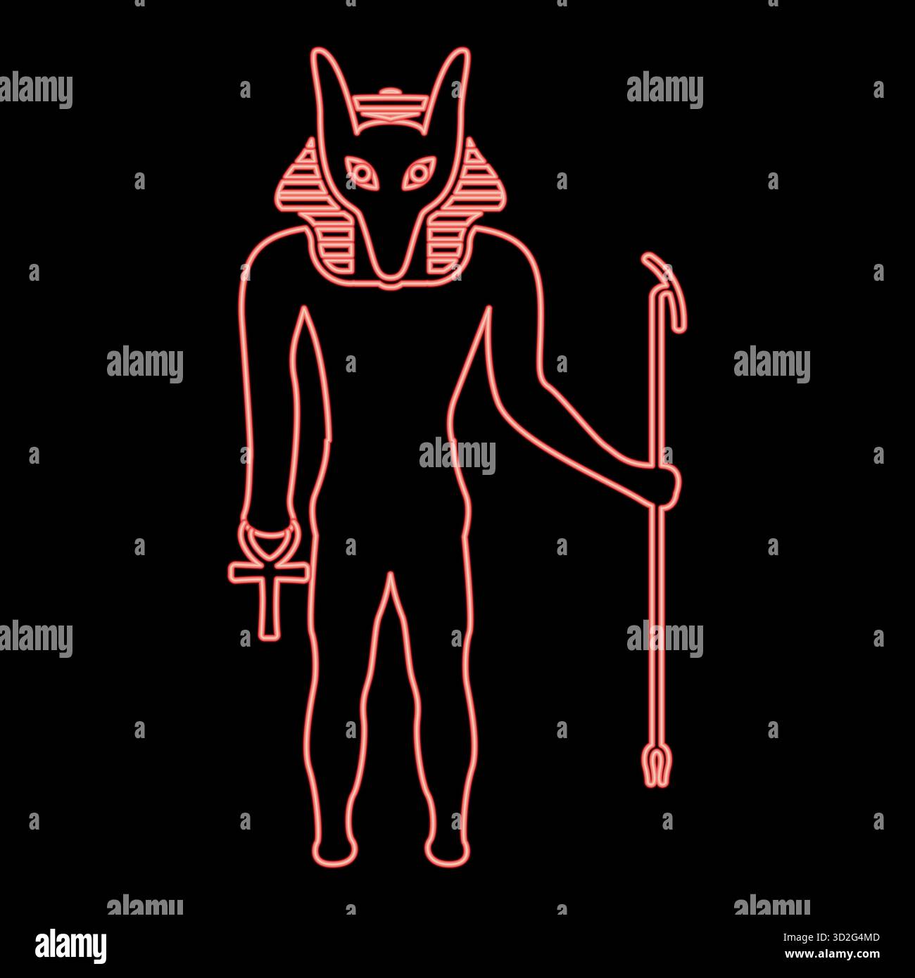 Divinità anubi al neon con testa di sciacallo antico dio egiziano tiene il bastone e la silhouette a croce di un'anca mitica immagine vettoriale rossa stile piatto Illustrazione Vettoriale