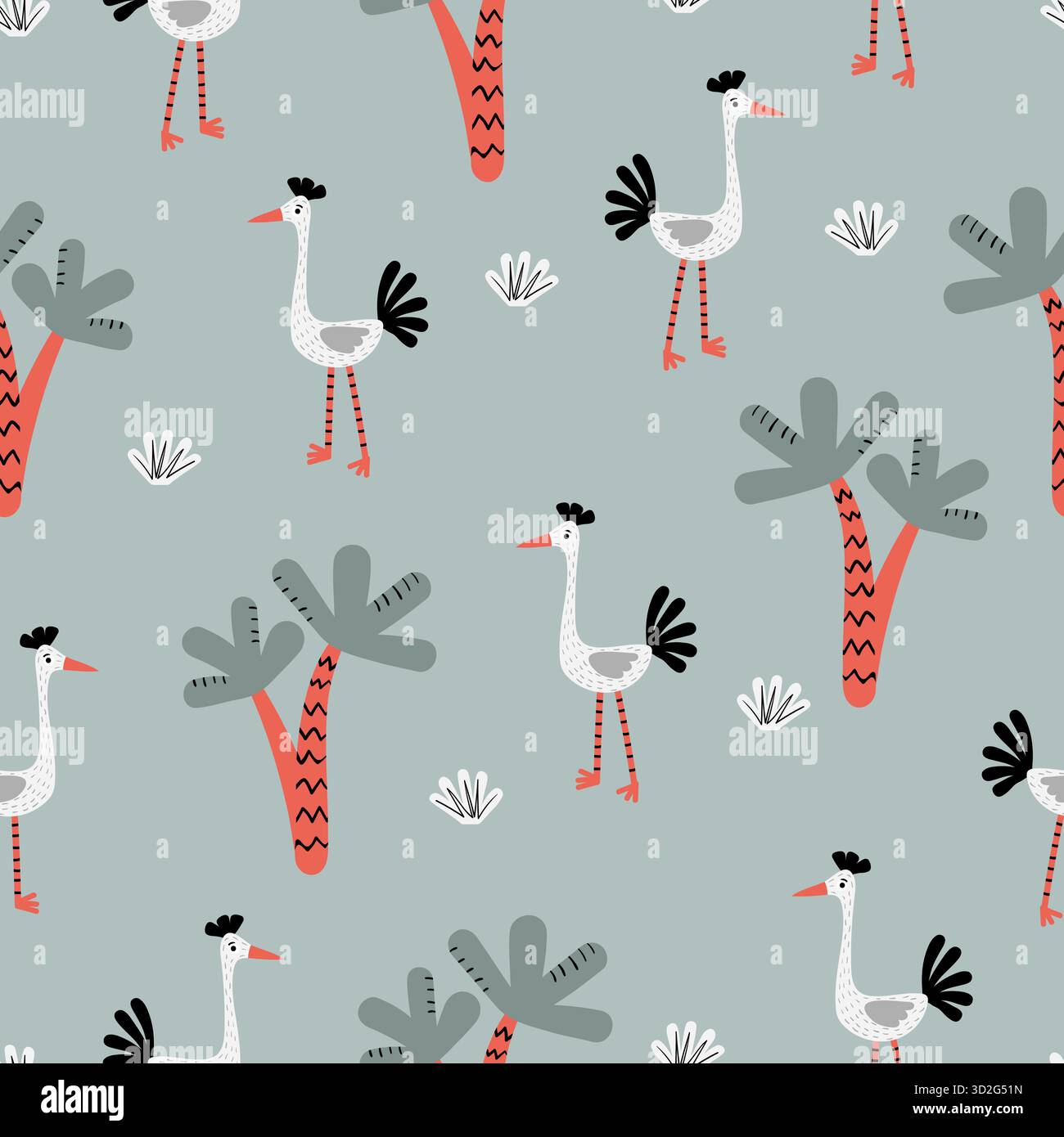 Fantasia infantile senza cuciture con graziosi uccelli e alberi cartoni animati. Illustrazione vettoriale Illustrazione Vettoriale