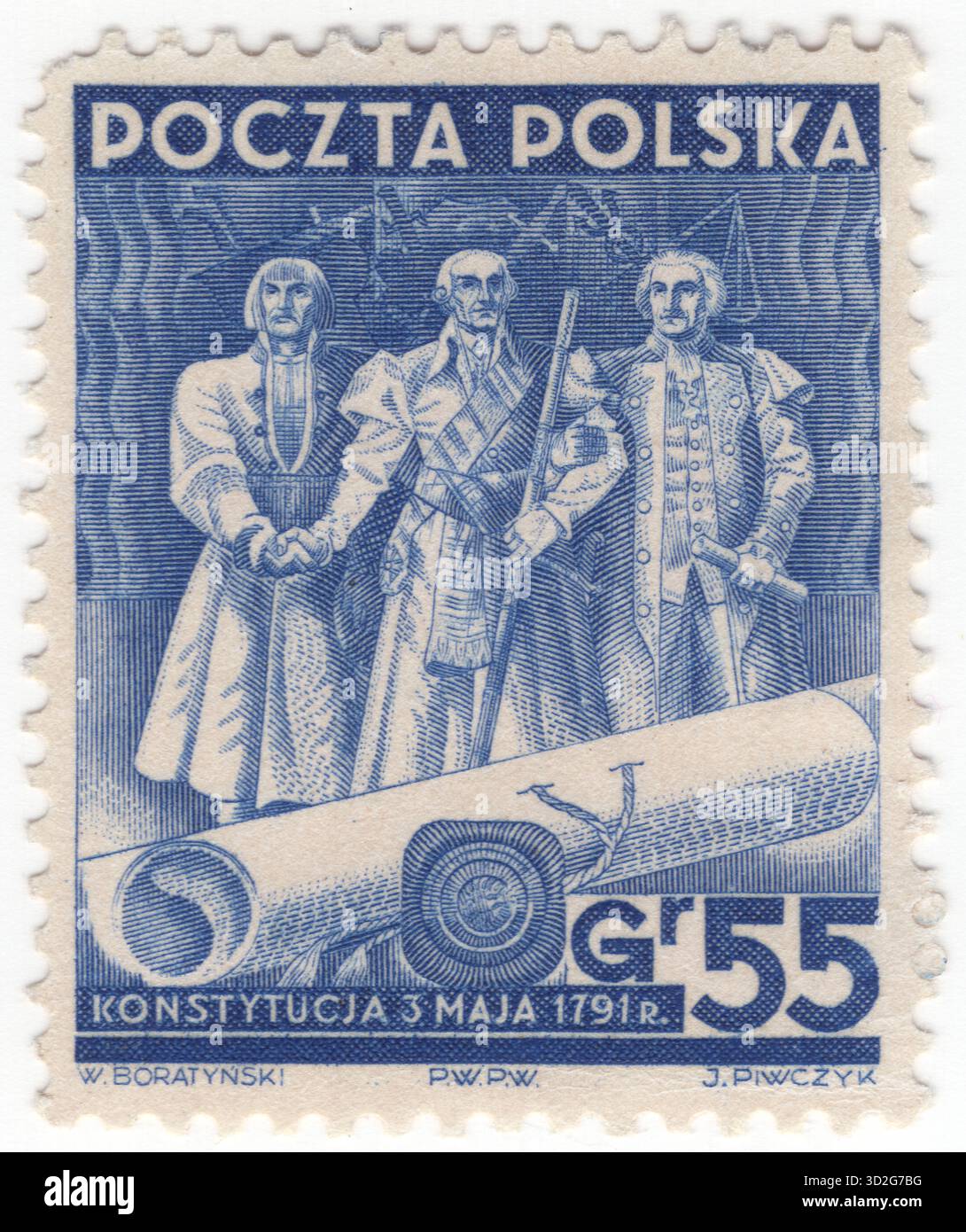 POLONIA — 1938 novembre 11: 55 francobollo ultramarino di grosz raffigurante la Costituzione del 3 maggio 1791. Unione di nobili, cittadini comuni e contadini. Ventesimo anniversario dell’indipendenza della Polonia. La Costituzione del 3 maggio 1791, intitolata legge sulla governance, era una costituzione adottata dal grande Sejm ("Sejm quadriennale", riunitosi nel 1788-1792) per la Confederazione polacco-lituana, una monarchia duale che comprendeva la Corona del Regno di Polonia e il Granducato di Lituania. La Costituzione è stata progettata per correggere i difetti politici del Commonwealth Foto Stock