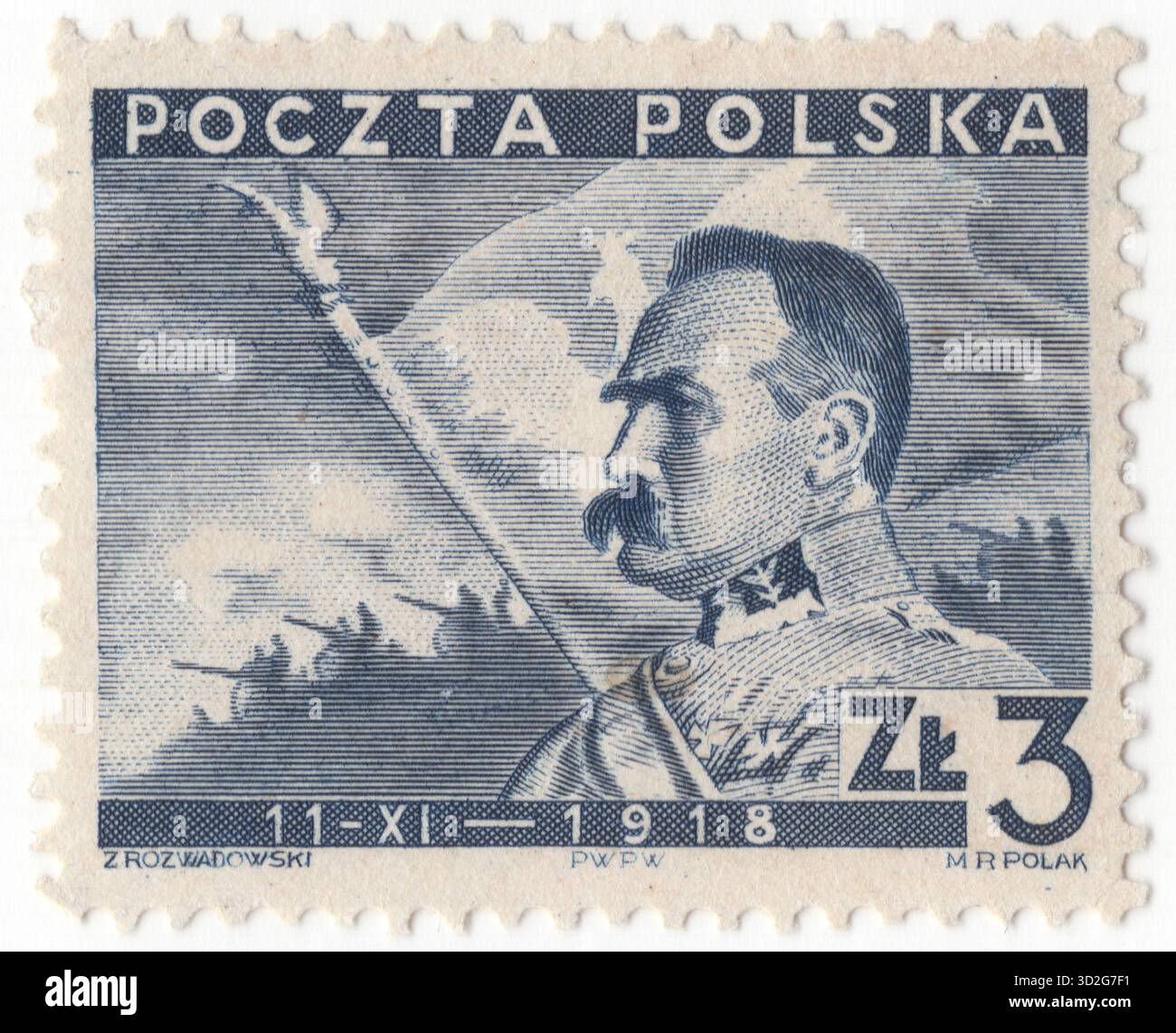 POLONIA — 1938 novembre 11: Francobollo grigio-nero di 3 zloty raffigurante il ritratto del maresciallo Jozef Klemens Pilsudski. Fu uno statista polacco, capo di Stato e primo maresciallo di Polonia (dal 1920). Dopo la prima guerra mondiale, divenne una figura sempre più dominante nella politica polacca. Piłsudski è visto come il padre della seconda Repubblica polacca, che fu ristabilita nel 1918, 123 anni dopo la spartizione finale della Polonia nel 1795, ed è stato considerato de facto leader (1926-35) della seconda Repubblica polacca come ministro degli affari militari Foto Stock