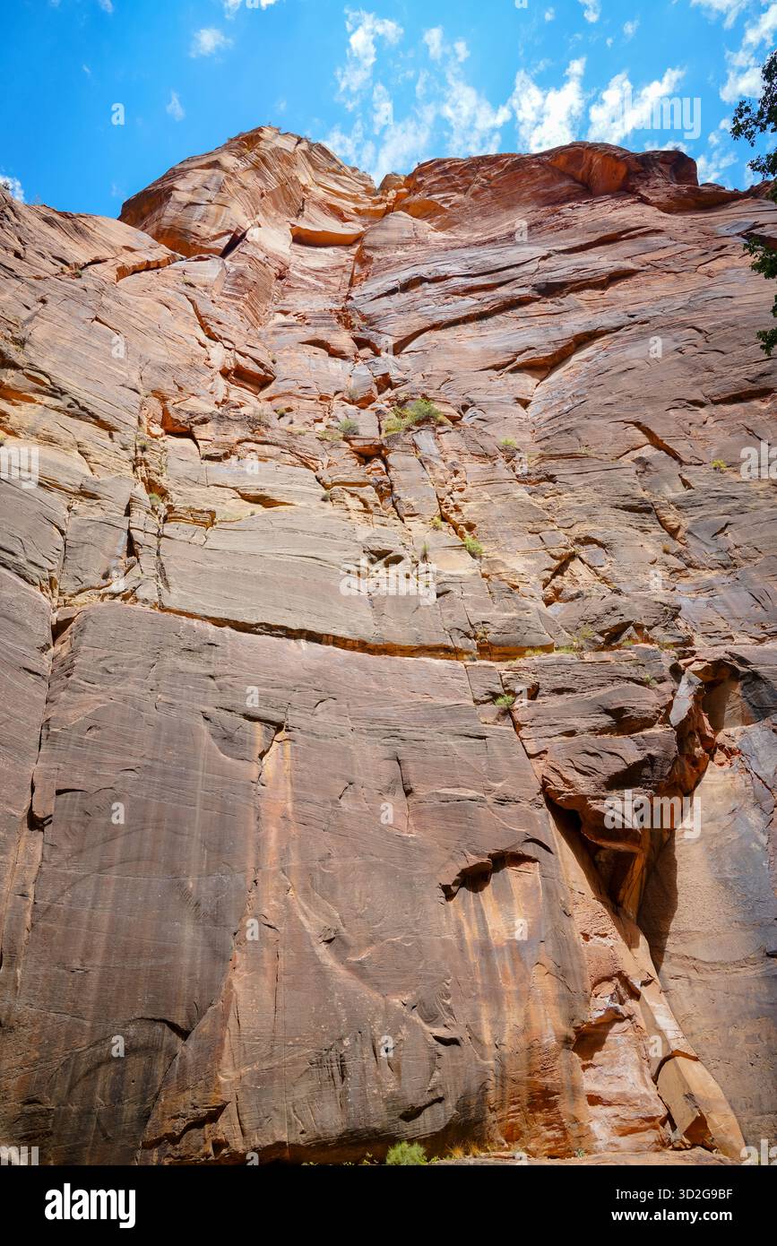 Le calde scogliere di arenaria si innalzano bruscamente sotto un cielo azzurro, mostrando spettacolari motivi verticali, texture desertiche a strati e aspre formazioni geologiche Foto Stock