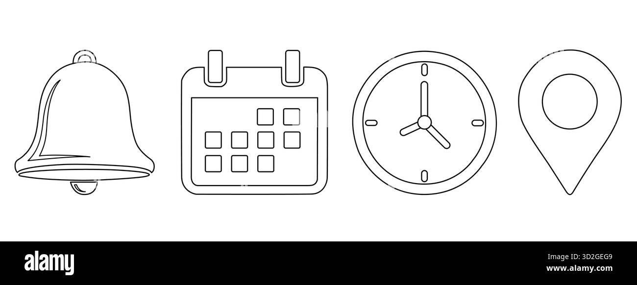 Raccolta di icone di contorno per l'orologio e la posizione del calendario di notifica Illustrazione Vettoriale