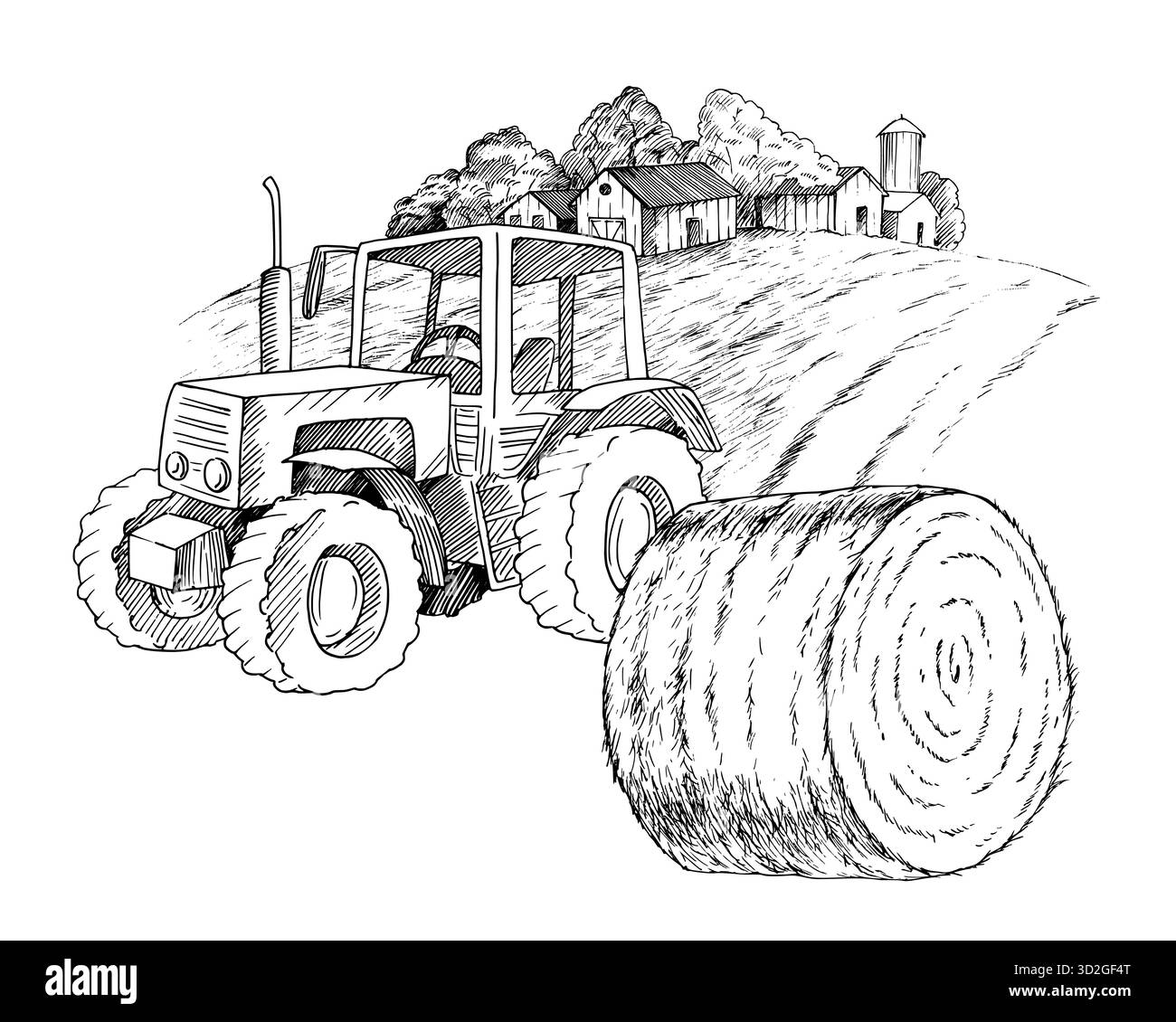 Trattore e pagliaio con l'azienda sullo sfondo. Illustrazione realizzata a mano in stile inchiostro vettoriale. Per progettazione di imballaggi, schede, copertina, stampe, prodotti Illustrazione Vettoriale