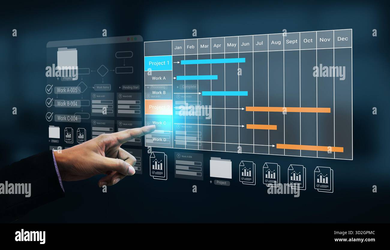 Sistema di controllo dei progetti con grafici Gantt ed elementi del flusso di lavoro per l'analisi della pianificazione aziendale e della gestione delle attività Foto Stock