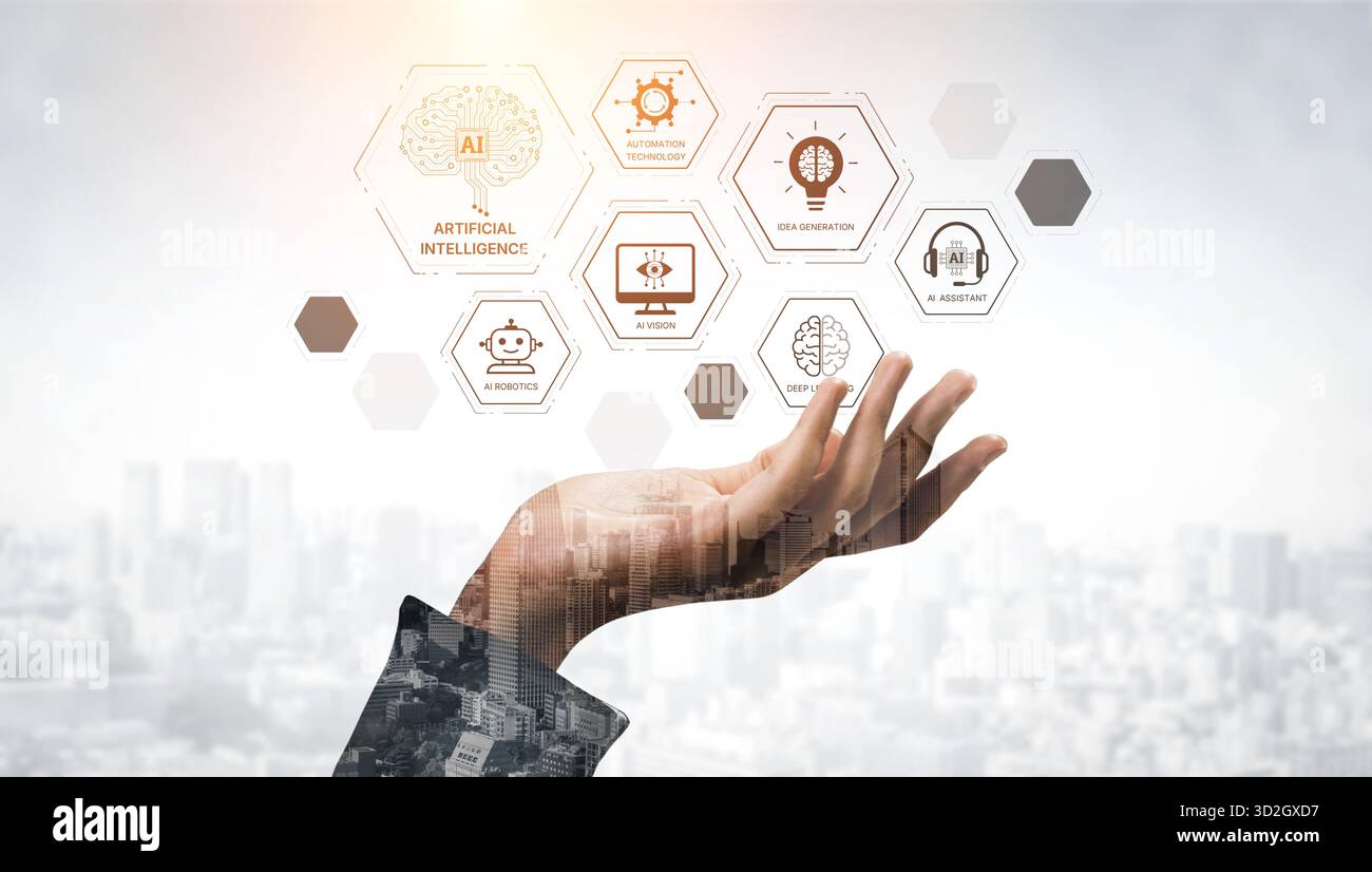 Il sistema di apprendimento DELL'INTELLIGENZA ARTIFICIALE prevede l'apprendimento profondo, l'apprendimento automatico supervisionato e l'elaborazione del linguaggio naturale. Il diagramma di apprendimento DELL'INTELLIGENZA ARTIFICIALE mostra come l'intelligenza artificiale avanza lea Foto Stock