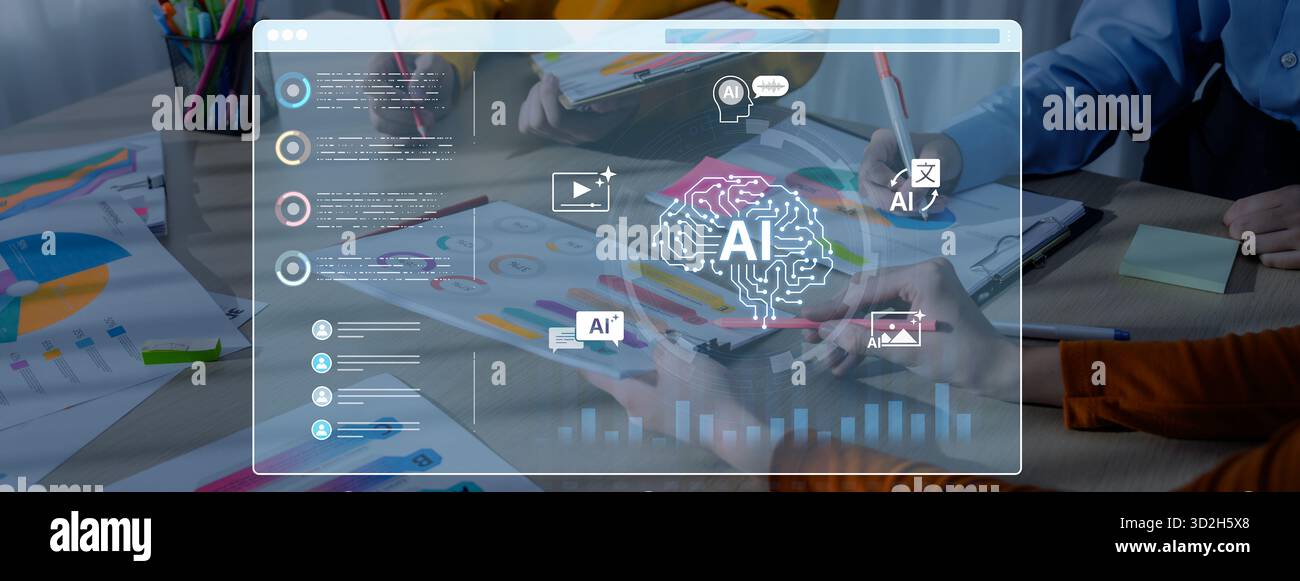 Un dashboard di intelligenza artificiale generativa per la creazione di contenuti multimediali diversificati. Il cervello digitale della piattaforma può generare anche immagini, video, voce e testo Foto Stock