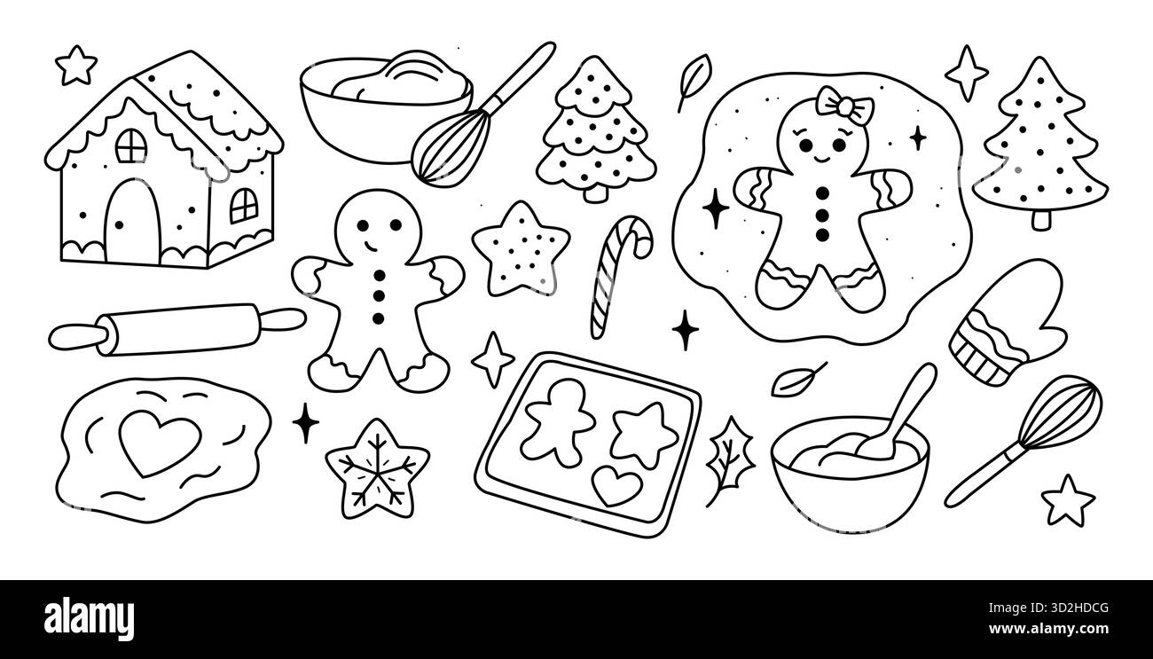 Carino set di biscotti di pan di zenzero natalizio . Illustrazione artistica Holiday Baking Line Illustrazione Vettoriale