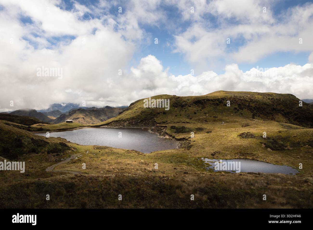 Lago ad alta quota circondato da praterie Páramo e montagne sotto le nuvole spettacolari nel Parco Nazionale Cayambe-Coca, Ecuador. Foto Stock
