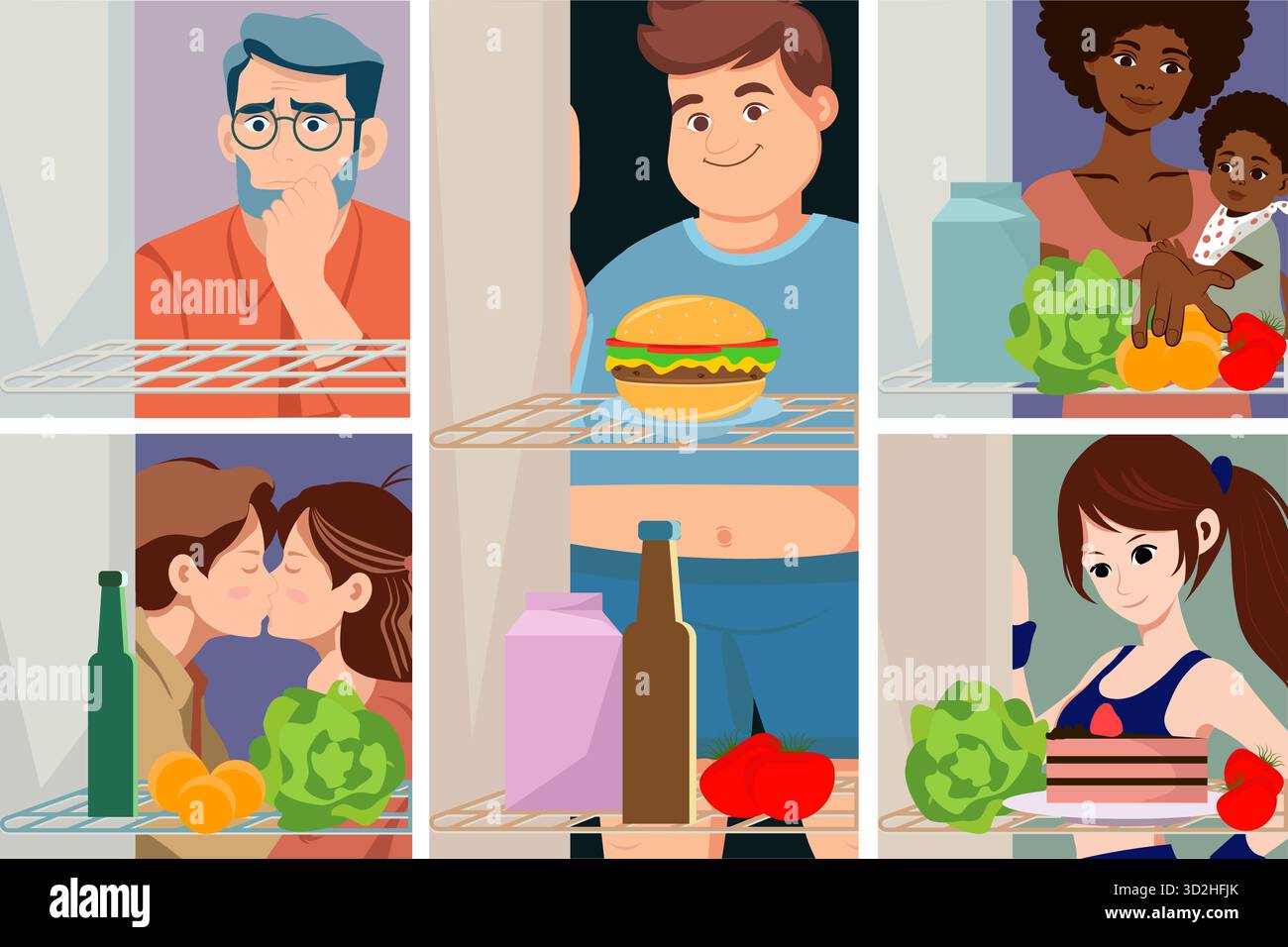 Illustrazione vettoriale sotto forma di una griglia di sei scene raffiguranti persone diverse uomini, donne, una coppia, una famiglia in piedi davanti Illustrazione Vettoriale