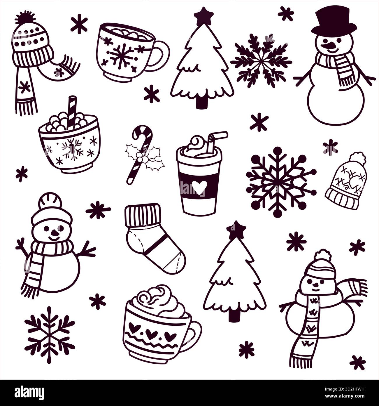 Un set di icone in bianco e nero si ispira al tema delle vacanze invernali e di Capodanno. Include pupazzi di neve in cappelli, alberi di Natale e fiocchi di neve. Illustrazione Vettoriale