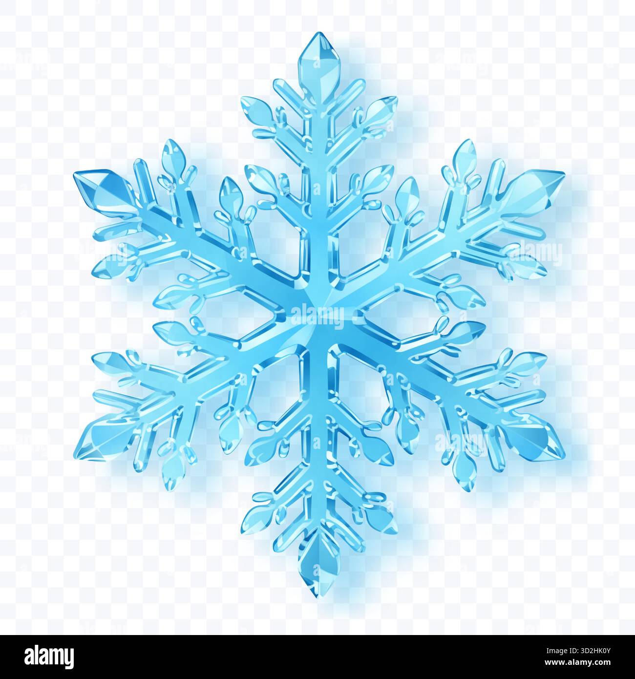 Un complesso fiocco di neve a sei punte con sfaccettature cristalline in sfumature di blu chiaro con ombre morbide su sfondo trasparente. Trasparenza solo in ve Illustrazione Vettoriale