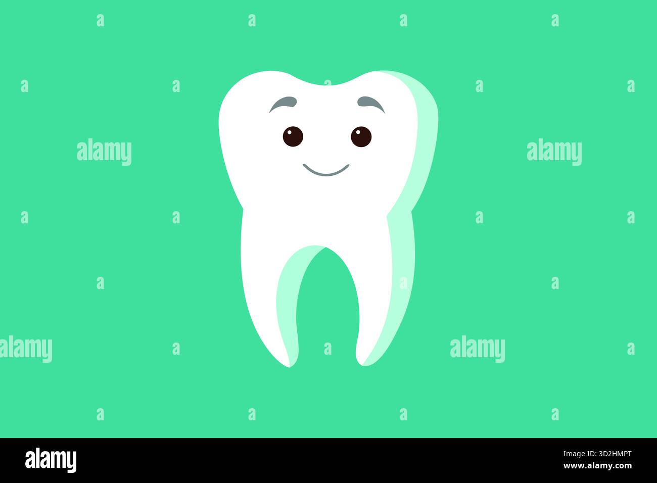 Un'allegra illustrazione dei denti con un sorriso amichevole come mascotte. Questa versatile illustrazione dentale trasmette salute, cura e igiene dentale a misura di bambino Foto Stock