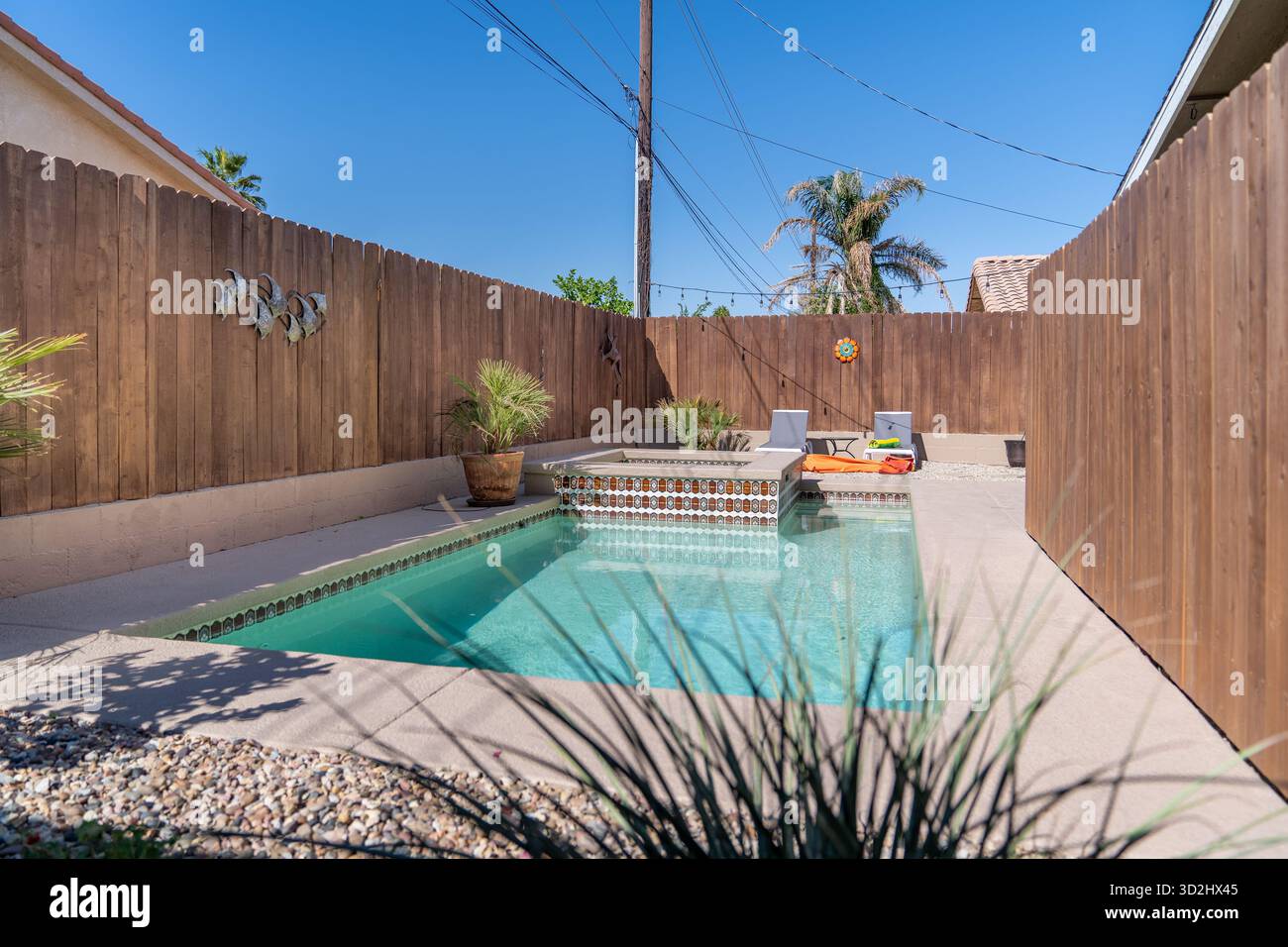 Piscina con spa piastrellata in un piccolo cortile recintato con sedie a sdraio, palme e piante Foto Stock