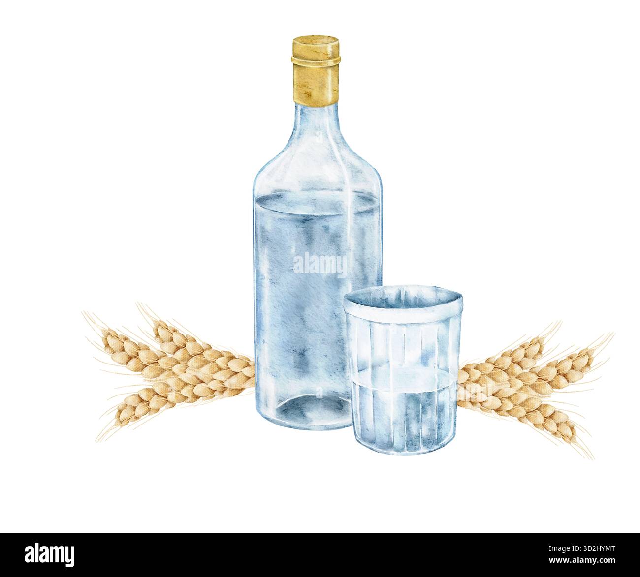 Set di acquerelli con bottiglia di vodka, bicchiere da shot e orecchie di grano. Illustrazione di bevande alcoliche, ideale per menu, etichetta di prodotti da forno, prodotti agricoli, invito al bar, Foto Stock