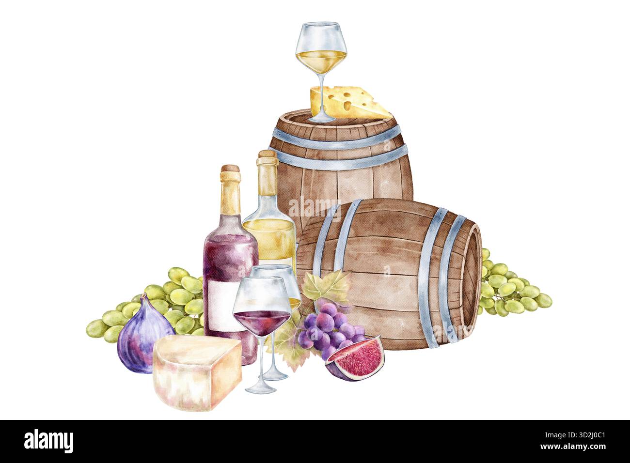 Acquerello naturale con bottiglie di vino rosso e bianco, botti di legno, formaggio, fichi e uva. Illustrazione gourmet rustica perfetta per la crusca da vigneto Foto Stock