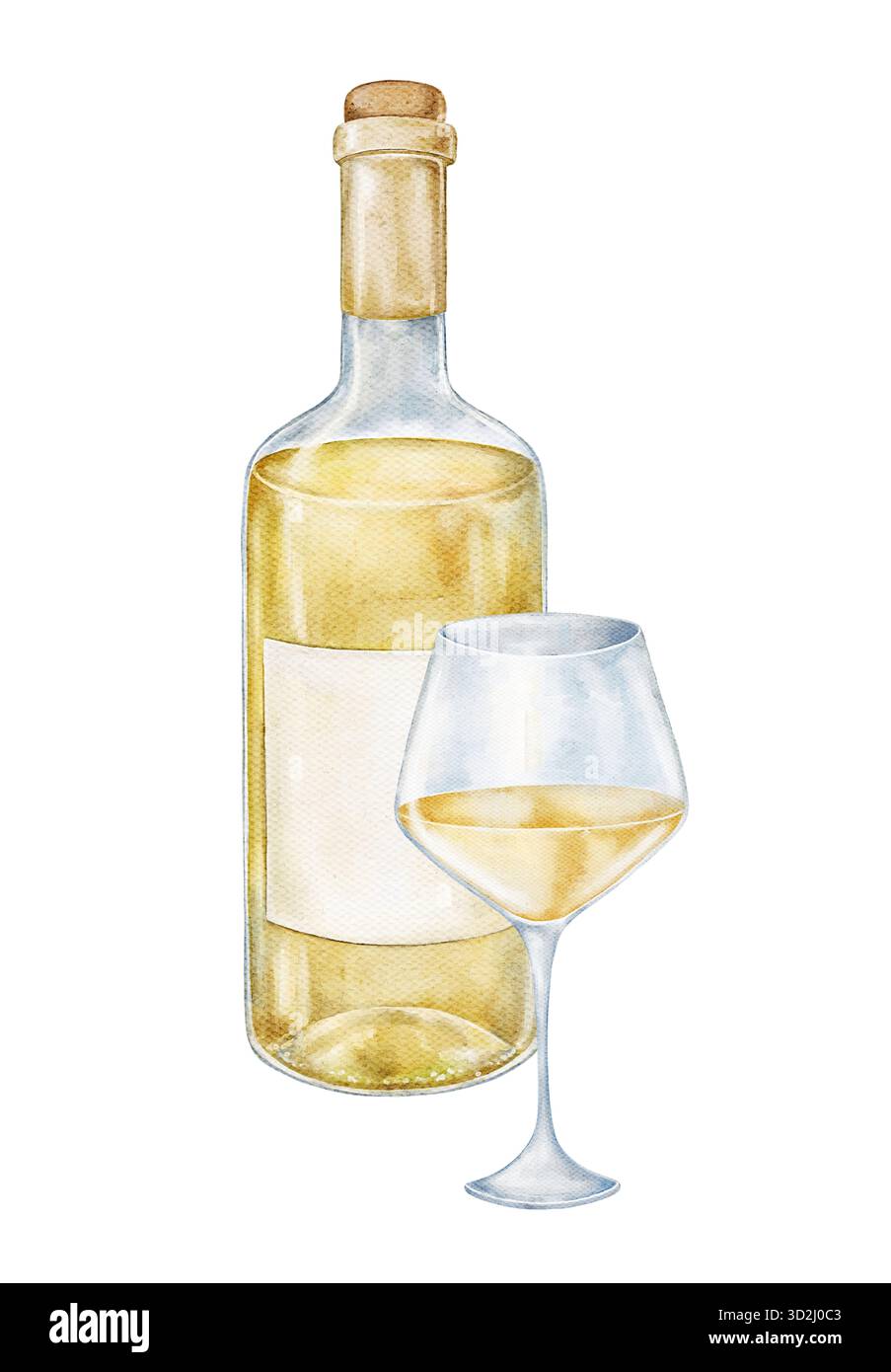 Acquerello natura naturale con bottiglia di vino bianco e vetro pieno dipinto in toni tenui. Composizione minimale ed elegante ideale per etichette di vini e bevande brandi Foto Stock