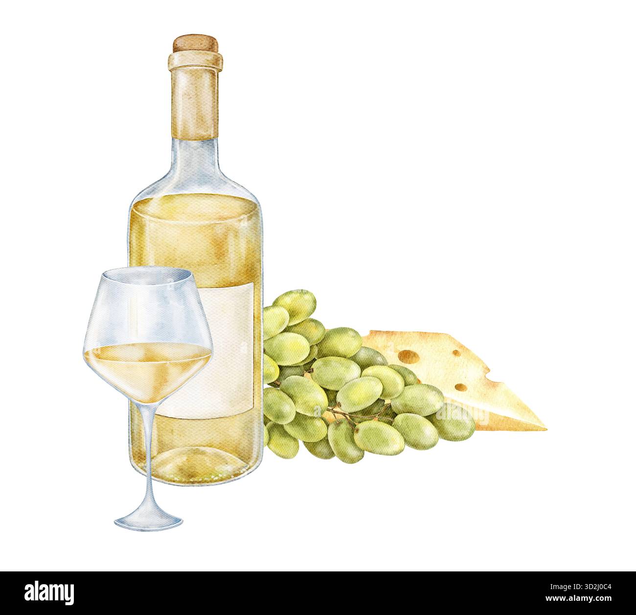 Composizione acquerello con bottiglia di vino bianco, bicchiere pieno, formaggio e uva verde. Elegante illustrazione gourmet, ideale per la progettazione di menu, etichette di vini, Foto Stock