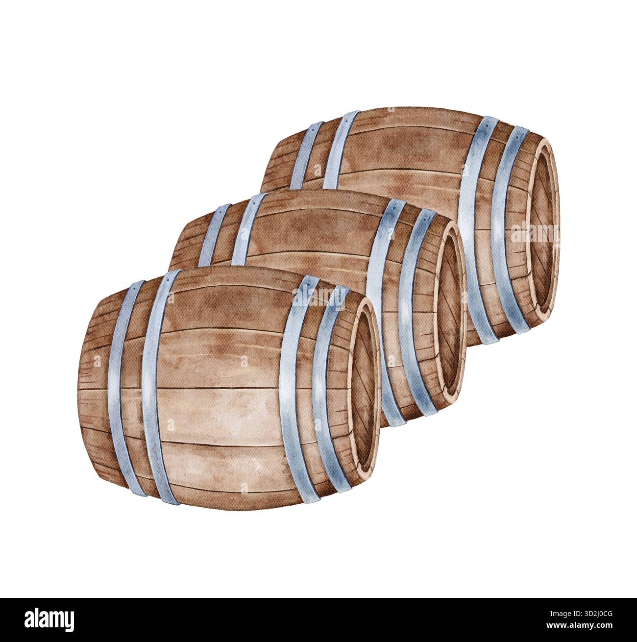Illustrazione ad acquerello di tre botti di vino di legno dipinte in stile rustico. Perfetto per il branding dei vigneti, il confezionamento delle bevande, l'arredamento dei ristoranti, o. Foto Stock