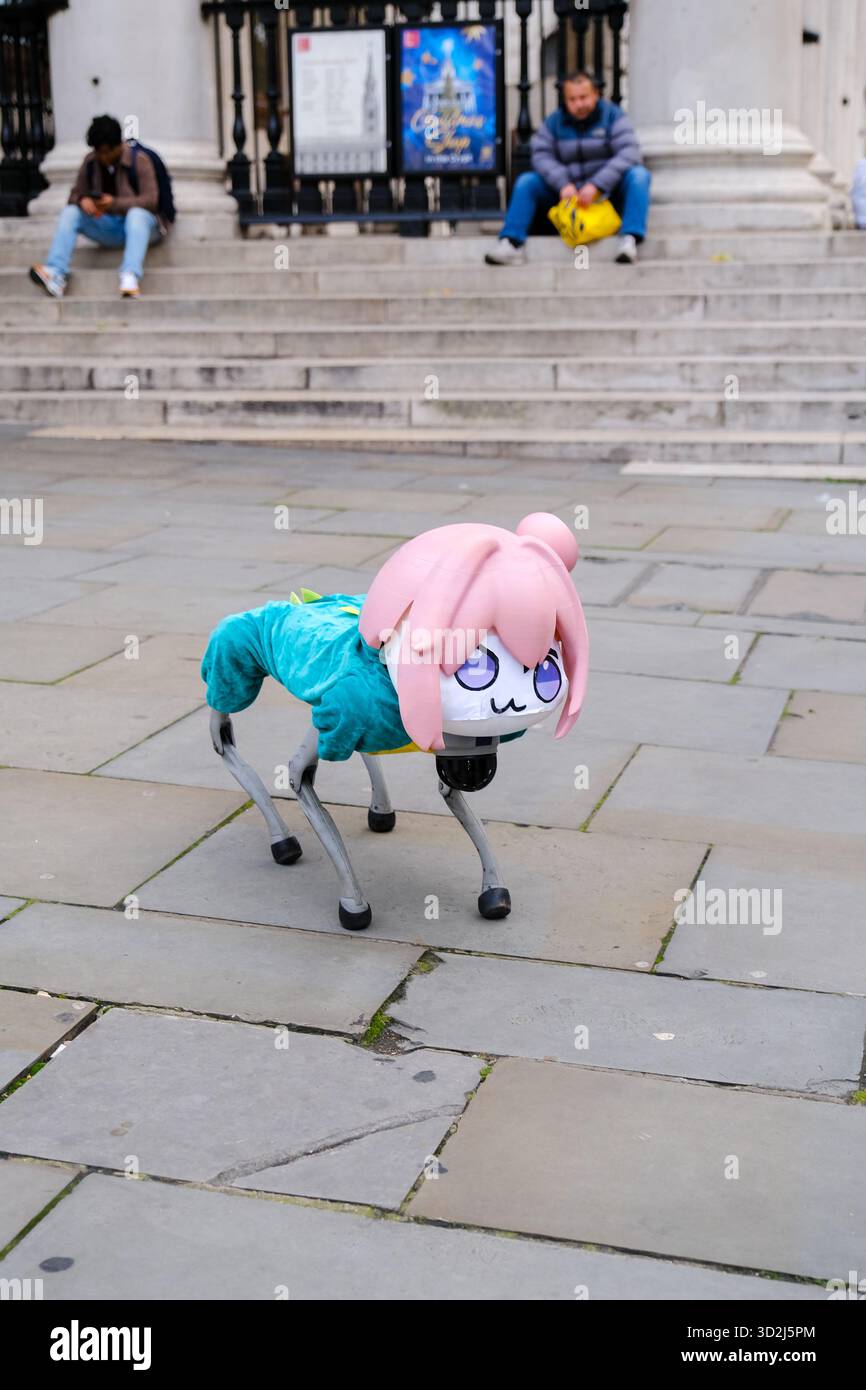 Londra, Regno Unito. 1 novembre 2025. Un cane robot bionico quadruplo vestito con un cappotto verde e una parrucca rosa viene portato fuori per una passeggiata dal suo proprietario vicino a Trafalgar Square, attirando sguardi sconcertati e una serie di reazioni da parte di persone che camminavano, si sedevano e si stendevano. Credito: Fotografia dell'undicesima ora/Alamy Live News Foto Stock