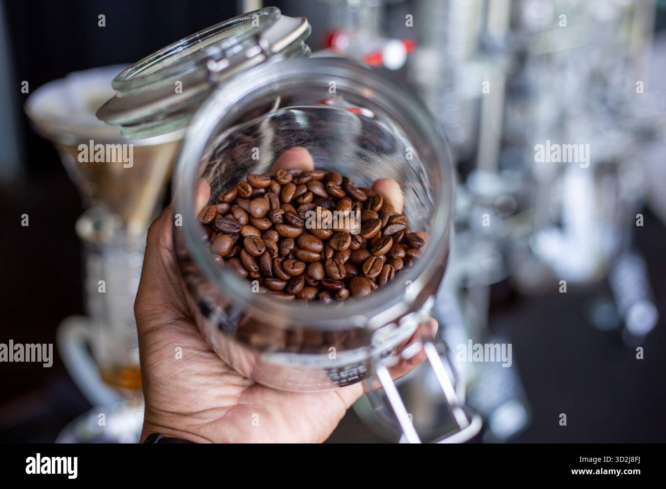 Messa a fuoco selettiva, chicchi di caffè di buona qualità, lucido, marrone scuro in un vaso di vetro. Foto Stock