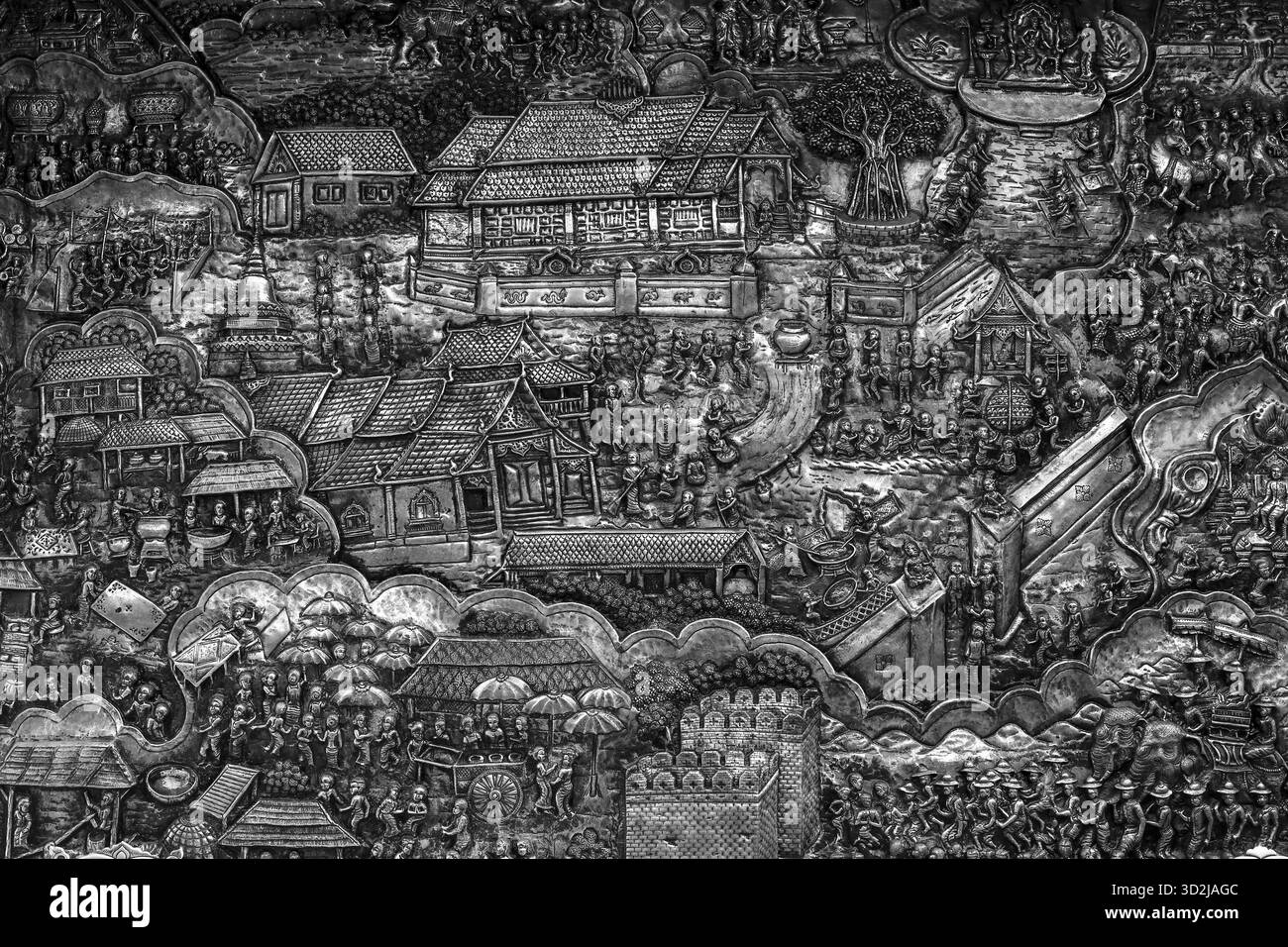 L'antica scena asiatica ritrae intagli storici e architettura tradizionale. La processione affollata si svolge all'interno di questa narrativa mitologica e dettagliata arte Foto Stock