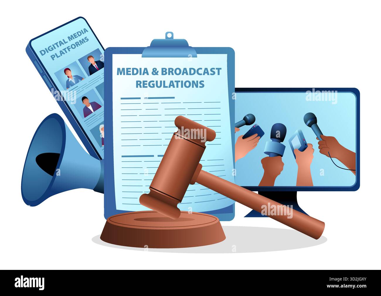 Illustrazione del concetto di regolamentazione dei media e della politica di trasmissione Illustrazione Vettoriale