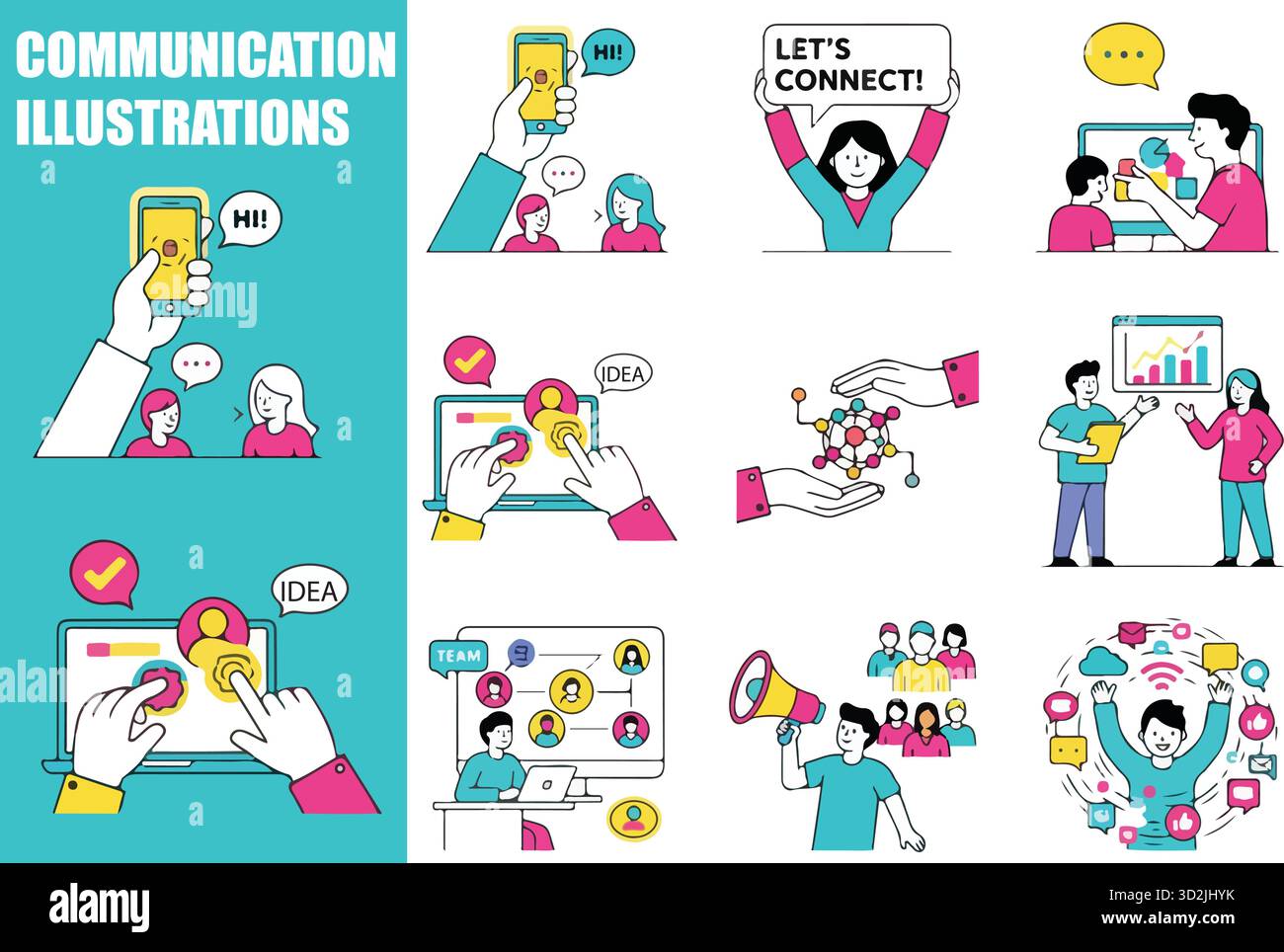 Set di illustrazioni dei concetti di comunicazione, persone e icone per social media, networking, assistenza clienti, chat online, gestione della community, e mobil Illustrazione Vettoriale